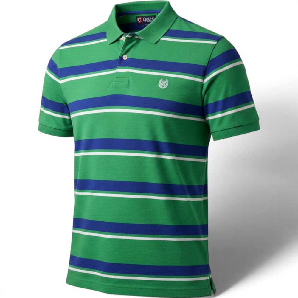 Chaps Mens Size XL Green Blue Striped Short Sleeve Cotton Pique Polo Shirt Logo